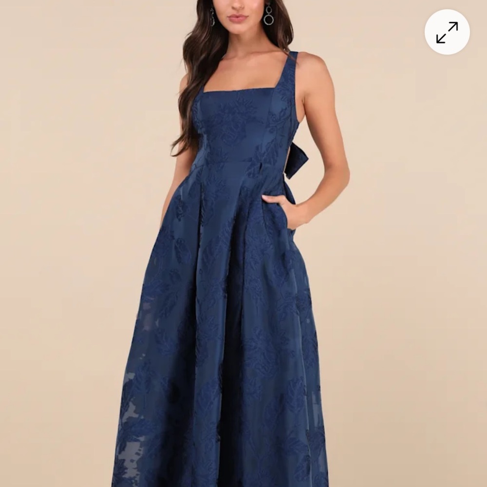 LULUS - Perfected Aura Navy Jacquard Tie-Back Maxi Dress with Pockets